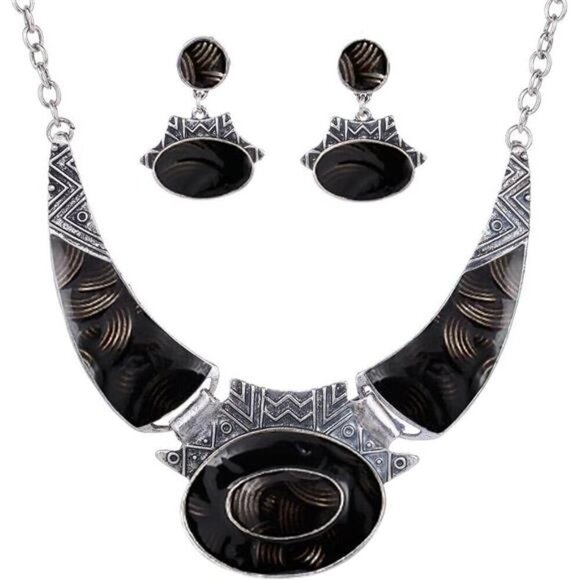 Ethnic Color Embossed Oval Gangle Bib Collar Earrings Necklace Jewelry - Picture 3 of 3